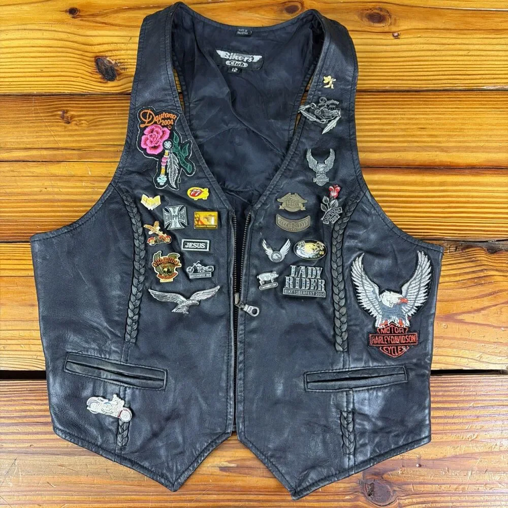 VTG 90's Black Leather Vest Harley HOG Pins & Patches Women Sz. 12